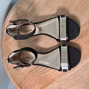Alfani Ankle Strap Black Gold Sandals with Gold Metal Accents Size 6